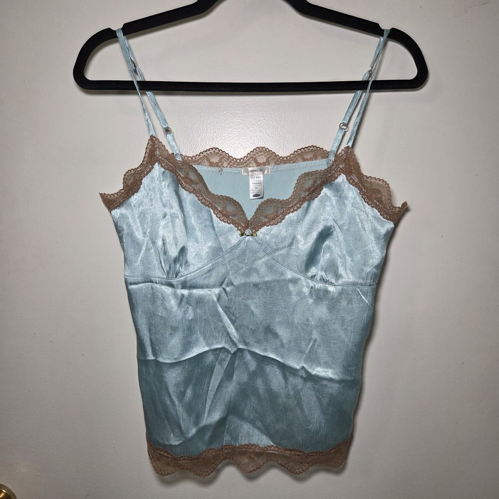Satin Lace Trim Cami Tank Top Blue Brown Size M Fairy Y2K Coquette Romantic